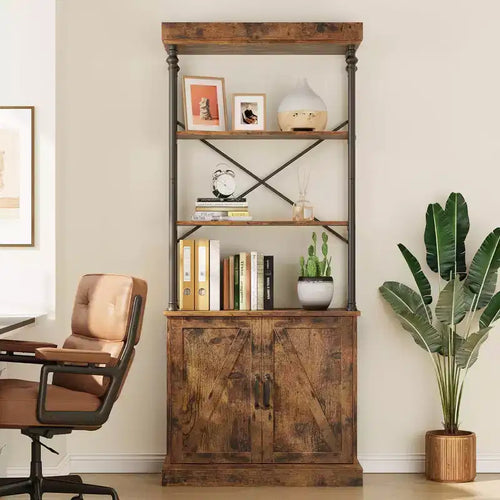 GustoWave 73.62 Industrial Bookshelf with Doors, Vintage Wood & Metal Bookcase - 4-Tier Farmhouse Storage Shelf with Cabinet