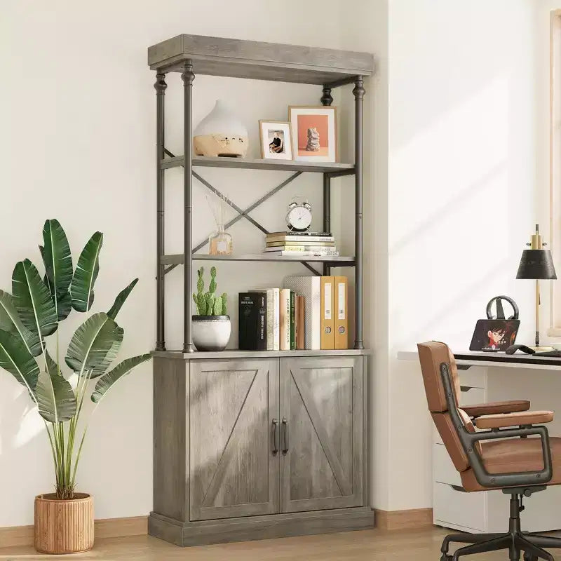 Libreria Industriale 73,62 con Ante, Scaffale in Legno e Metallo Vintage - Libreria a 4 Livelli Stile Rustico con Armadietto