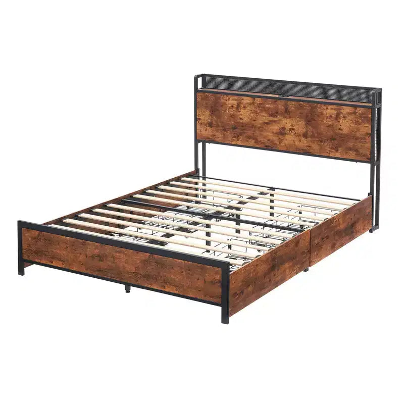 CuisinSmart Platform Bed Frame with 2-Tier Storage Headboard&4 Drawers, Built in Charging Station & LED, Noise-Free, No Box Spring Needed