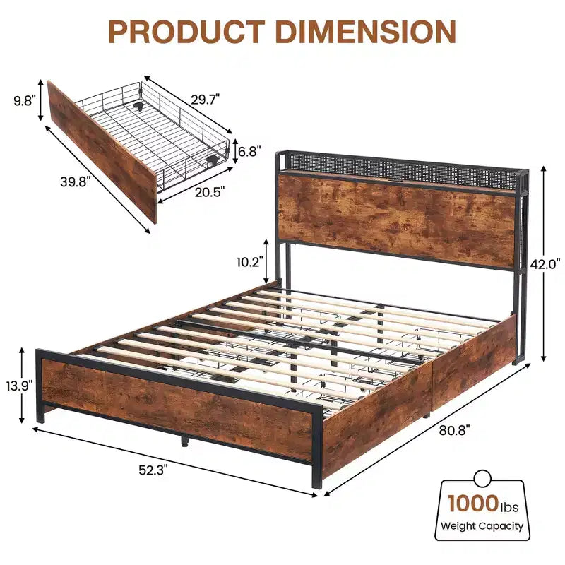 Base letto con testiera contenitore a 2 ripiani e 4 cassetti, stazione di ricarica integrata e luci LED, senza rumore, non necessita di rete a molle