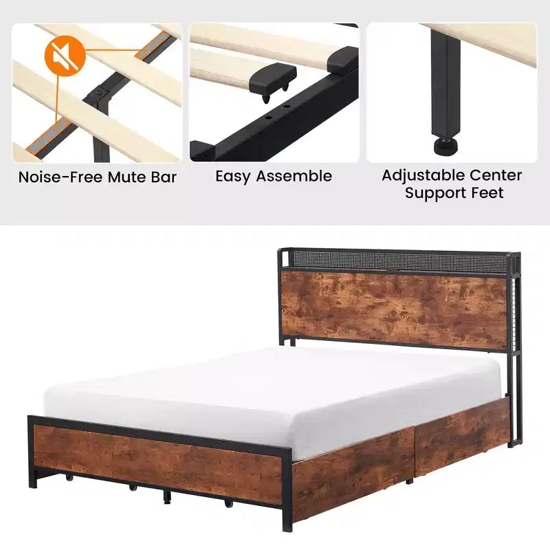 Base letto con testiera contenitore a 2 ripiani e 4 cassetti, stazione di ricarica integrata e luci LED, senza rumore, non necessita di rete a molle