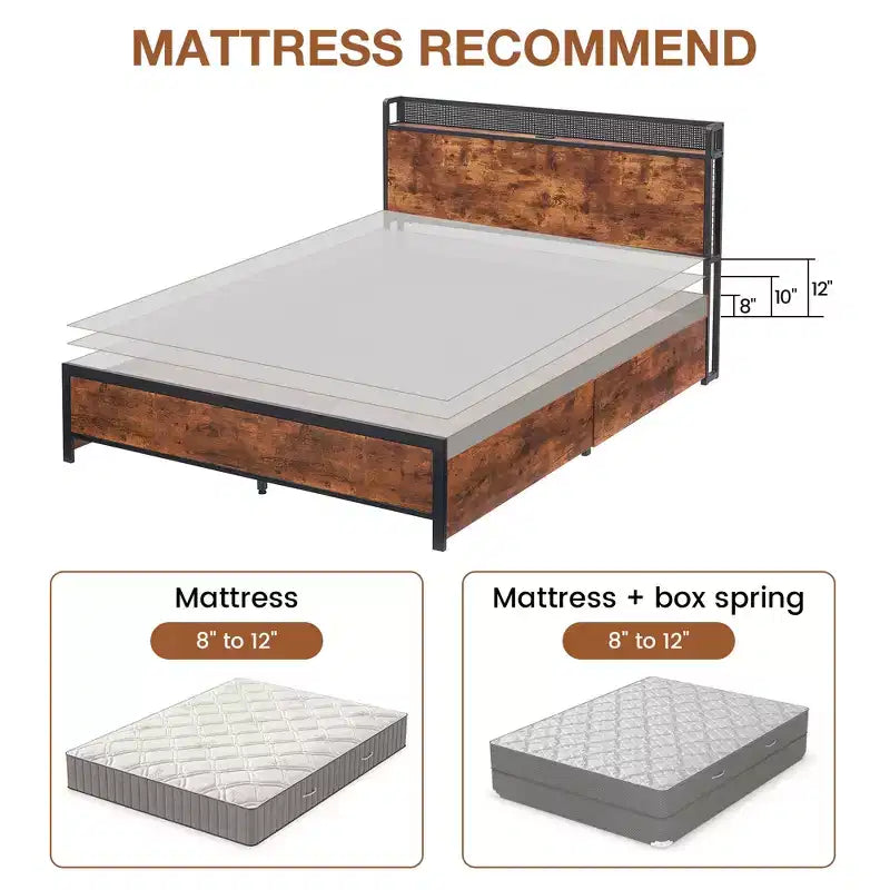 Base letto con testiera contenitore a 2 ripiani e 4 cassetti, stazione di ricarica integrata e luci LED, senza rumore, non necessita di rete a molle