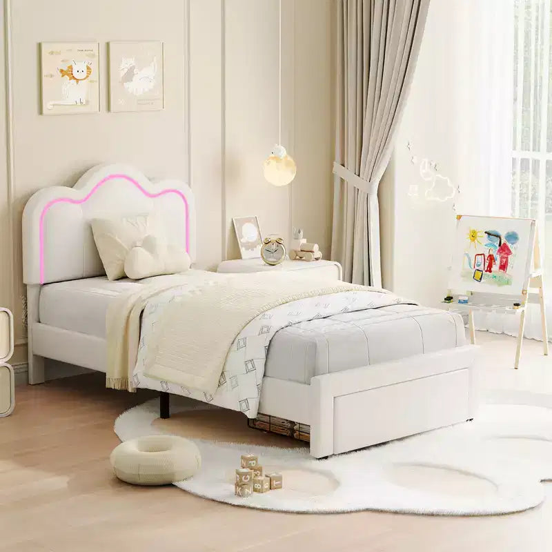 Struttura letto imbottita singola con LED smart e testiera regolabile con orso, letto a piattaforma per bambini in velluto Princess, bianco