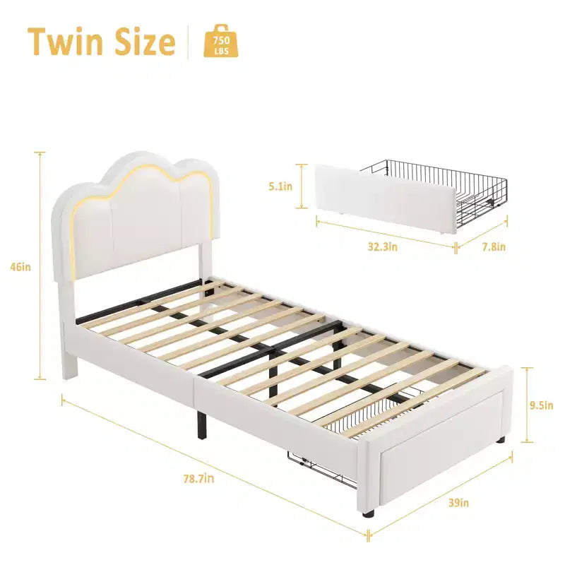 Struttura letto imbottita singola con LED smart e testiera regolabile con orso, letto a piattaforma per bambini in velluto Princess, bianco