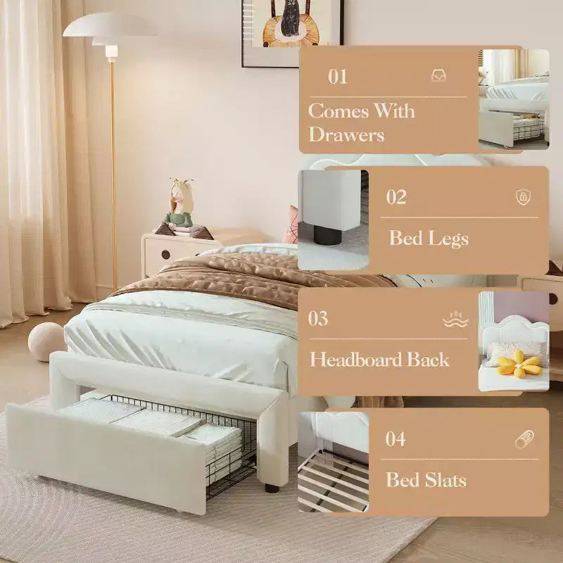 Struttura letto imbottita singola con LED smart e testiera regolabile con orso, letto a piattaforma per bambini in velluto Princess, bianco