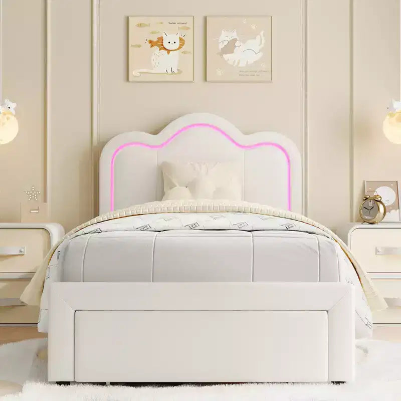 Struttura letto imbottita singola con LED smart e testiera regolabile con orso, letto a piattaforma per bambini in velluto Princess, bianco