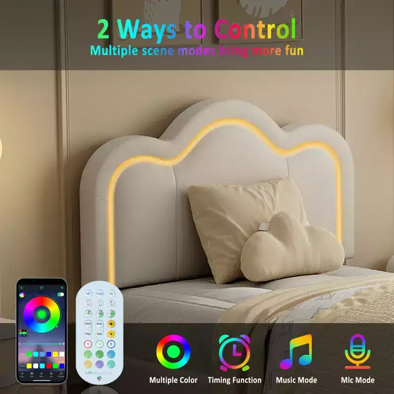 Struttura letto imbottita singola con LED smart e testiera regolabile con orso, letto a piattaforma per bambini in velluto Princess, bianco