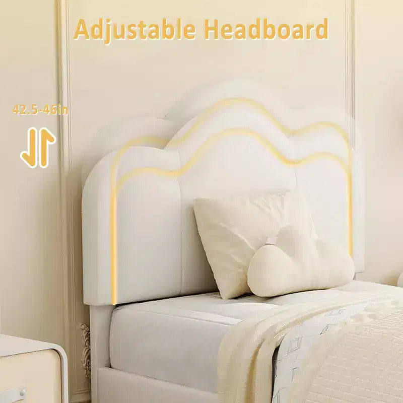 Struttura letto imbottita singola con LED smart e testiera regolabile con orso, letto a piattaforma per bambini in velluto Princess, bianco