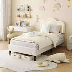 Struttura letto imbottita singola con LED smart e testiera regolabile con orso, letto a piattaforma per bambini in velluto Princess, bianco