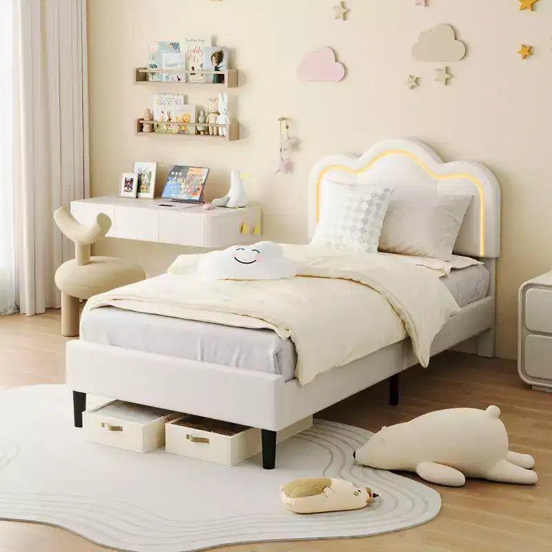 Struttura letto imbottita singola con LED smart e testiera regolabile con orso, letto a piattaforma per bambini in velluto Princess, bianco