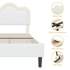Struttura letto imbottita singola con LED smart e testiera regolabile con orso, letto a piattaforma per bambini in velluto Princess, bianco