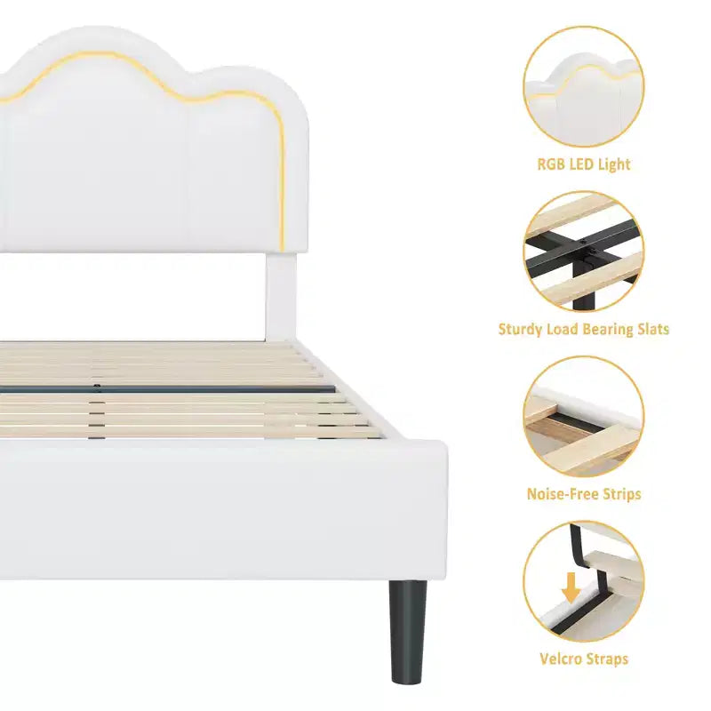 Struttura letto imbottita singola con LED smart e testiera regolabile con orso, letto a piattaforma per bambini in velluto Princess, bianco