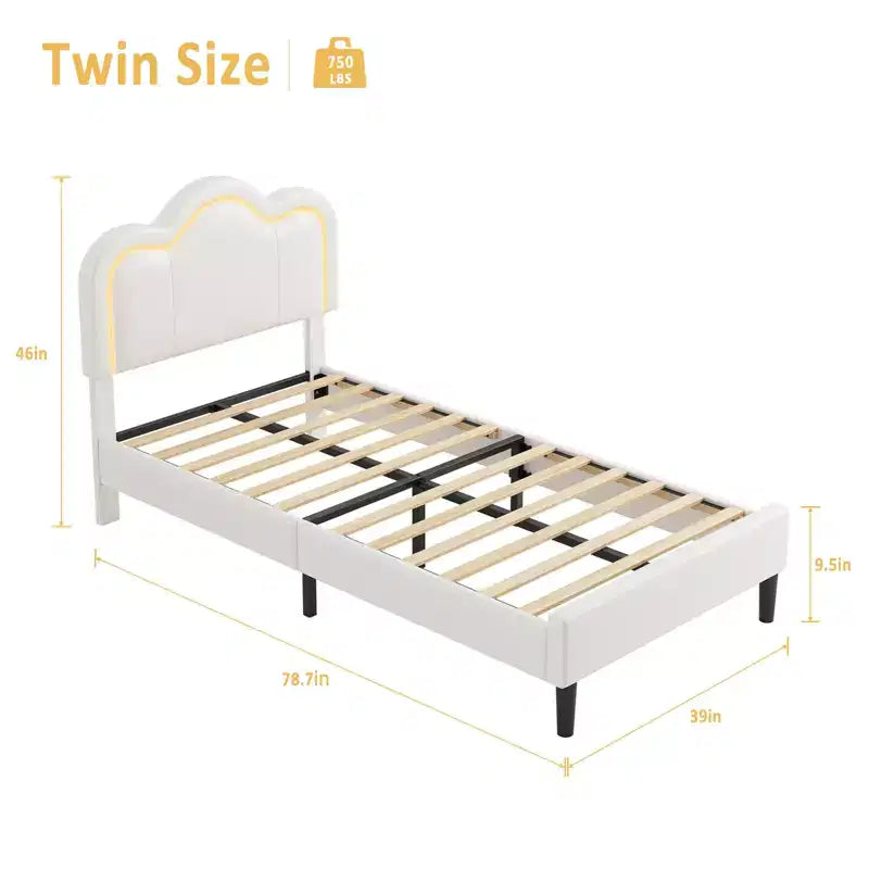 Struttura letto imbottita singola con LED smart e testiera regolabile con orso, letto a piattaforma per bambini in velluto Princess, bianco