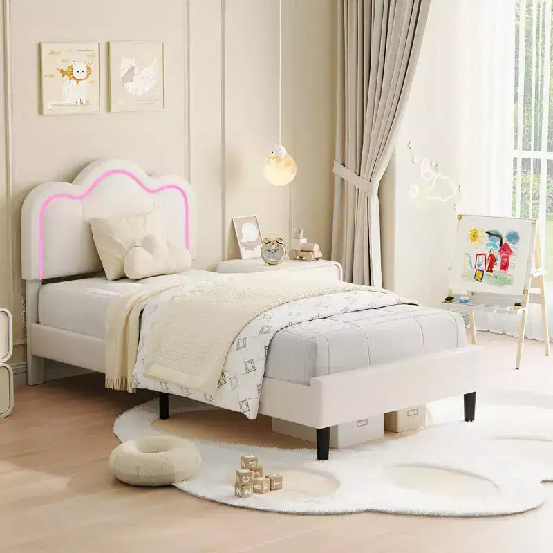 Struttura letto imbottita singola con LED smart e testiera regolabile con orso, letto a piattaforma per bambini in velluto Princess, bianco