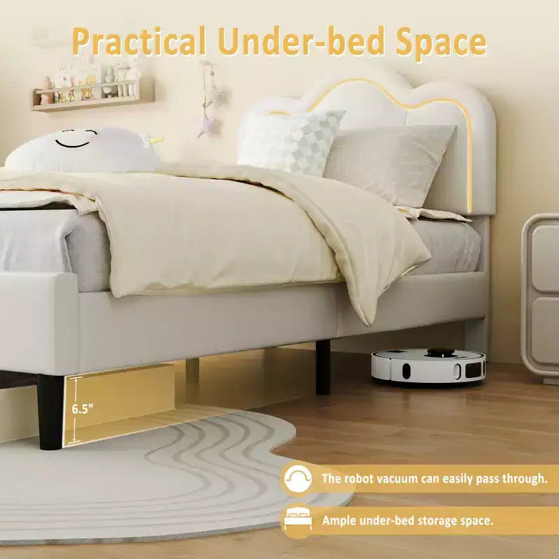 Struttura letto imbottita singola con LED smart e testiera regolabile con orso, letto a piattaforma per bambini in velluto Princess, bianco