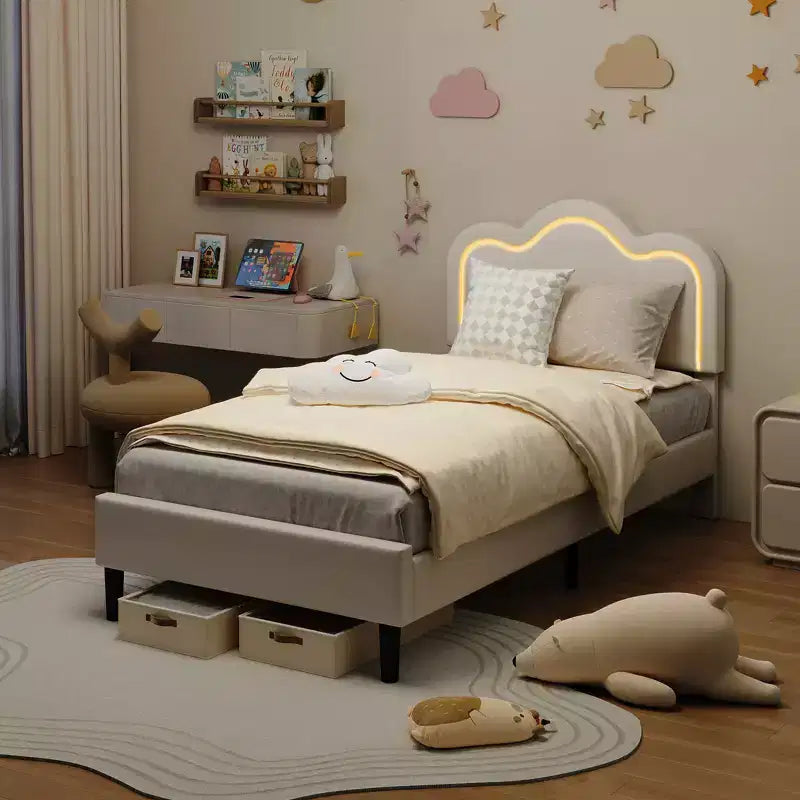 Struttura letto imbottita singola con LED smart e testiera regolabile con orso, letto a piattaforma per bambini in velluto Princess, bianco