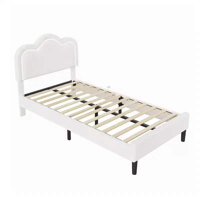 CuisinSmart Twin Upholstered Bed Frame with Smart LED and Adjustable Bear Headboard, Velvet Princess Kids Platform Bed, White