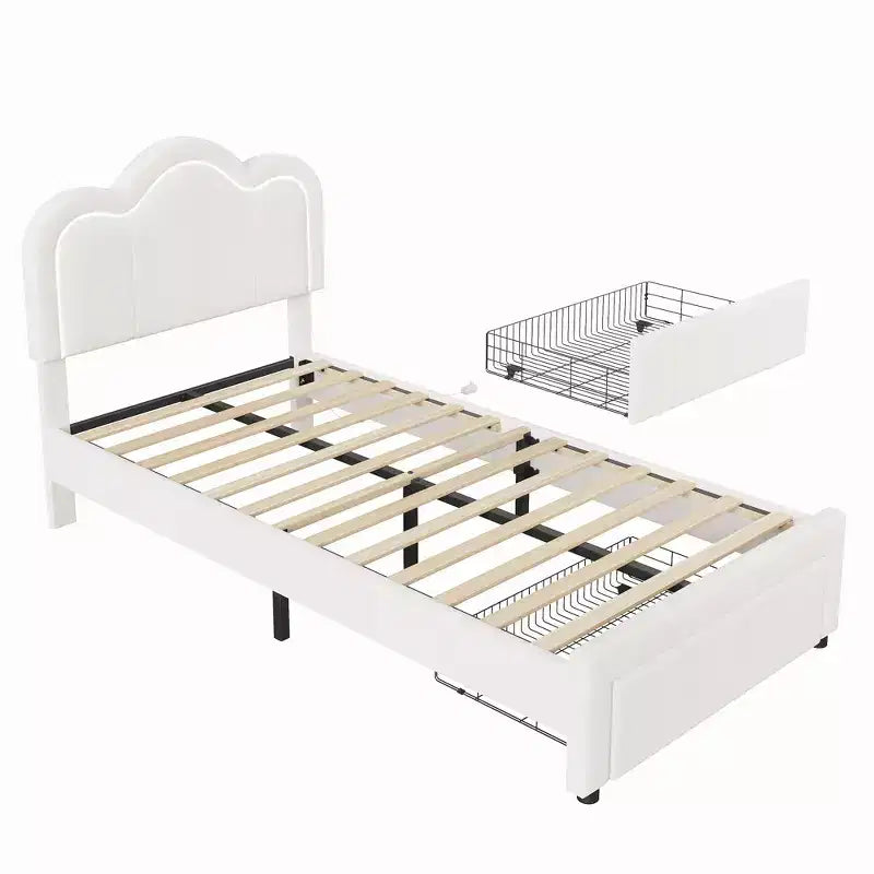 Struttura letto imbottita singola con LED smart e testiera regolabile con orso, letto a piattaforma per bambini in velluto Princess, bianco