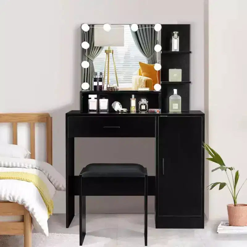 Karl Home | Black LED Makeup Vanity Set With Adjustable Lighting, Cushioned Stool, And Spacious Storage