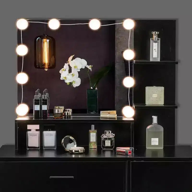 Set toeletta a LED nero con illuminazione regolabile, sgabello imbottito e ampio spazio di archiviazione