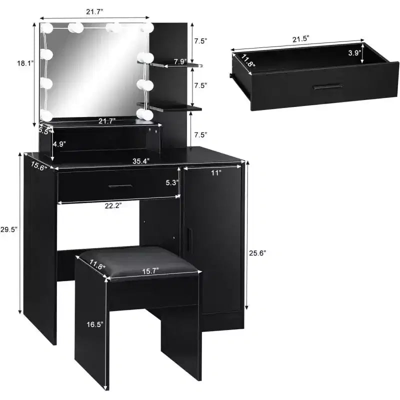 Set toeletta a LED nero con illuminazione regolabile, sgabello imbottito e ampio spazio di archiviazione