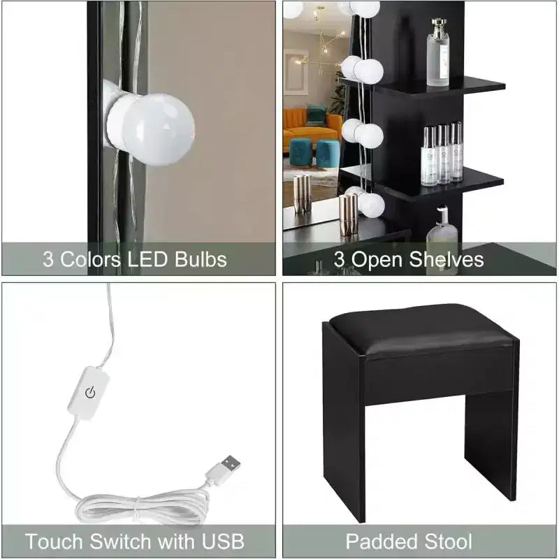 Set toeletta a LED nero con illuminazione regolabile, sgabello imbottito e ampio spazio di archiviazione