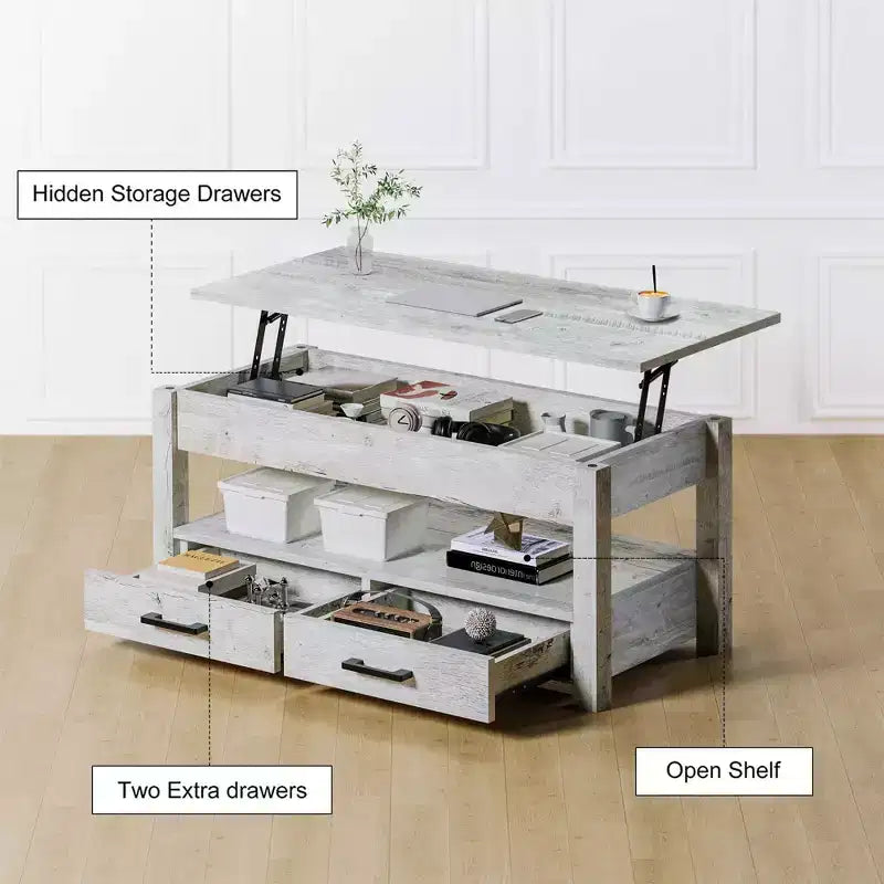 Hausource Tavolino da Salotto Sollevabile da 106 cm con Vano Contenitore Nascosto, 2 Cassetti e Ripiano Aperto