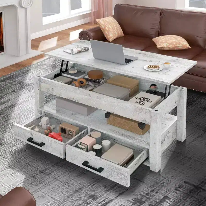 Hausource Tavolino da Salotto Sollevabile da 106 cm con Vano Contenitore Nascosto, 2 Cassetti e Ripiano Aperto