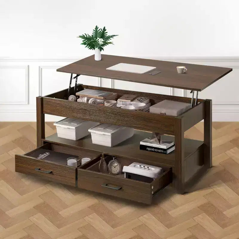 Hausource Tavolino da Salotto Sollevabile da 106 cm con Vano Contenitore Nascosto, 2 Cassetti e Ripiano Aperto