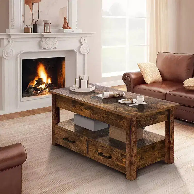 Hausource Tavolino da Salotto Sollevabile da 106 cm con Vano Contenitore Nascosto, 2 Cassetti e Ripiano Aperto