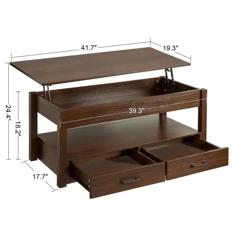 Hausource Tavolino da Salotto Sollevabile da 106 cm con Vano Contenitore Nascosto, 2 Cassetti e Ripiano Aperto