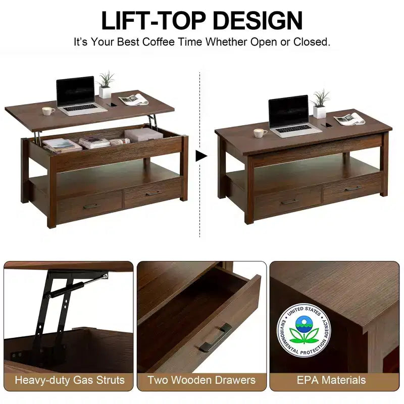 Hausource Tavolino da Salotto Sollevabile da 106 cm con Vano Contenitore Nascosto, 2 Cassetti e Ripiano Aperto