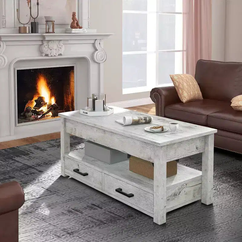 Hausource Tavolino da Salotto Sollevabile da 106 cm con Vano Contenitore Nascosto, 2 Cassetti e Ripiano Aperto