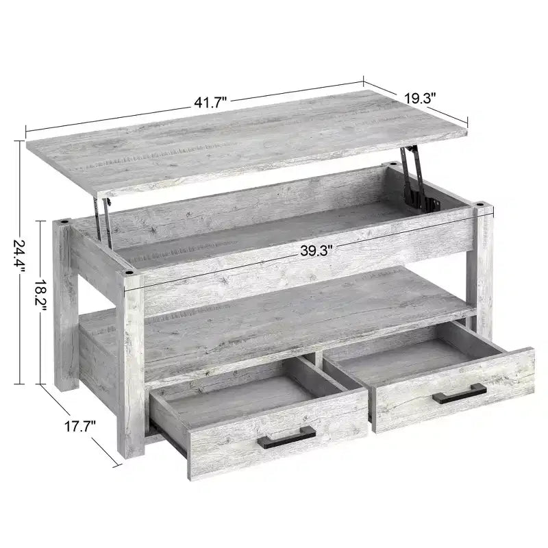 Hausource Tavolino da Salotto Sollevabile da 106 cm con Vano Contenitore Nascosto, 2 Cassetti e Ripiano Aperto