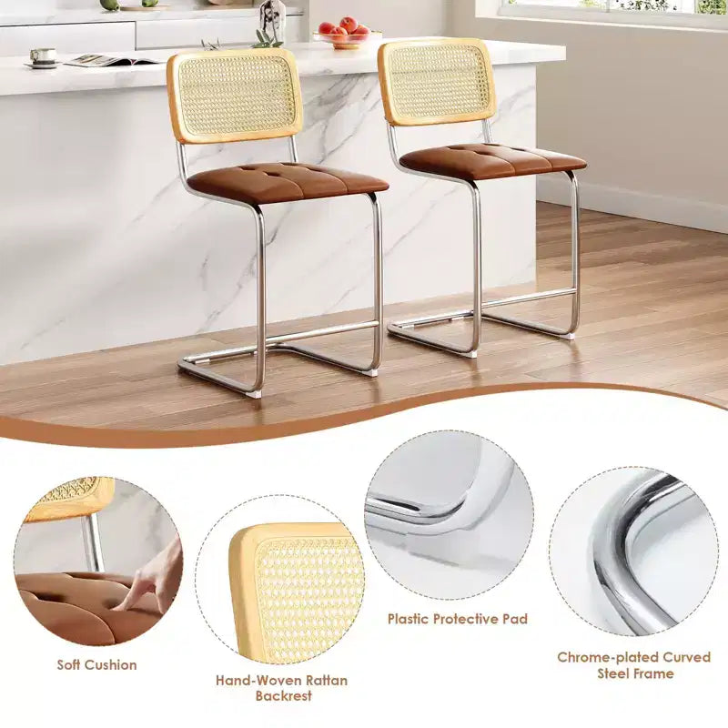 PexFix Set di 2 Sgabelli da Bar con Altezza per Bancone, Sgabelli in Ecopelle PU Imbottiti con Schienale in Rattan, Sgabelli da 24 Pollici Senza Braccioli per Isola Cucina, Marrone