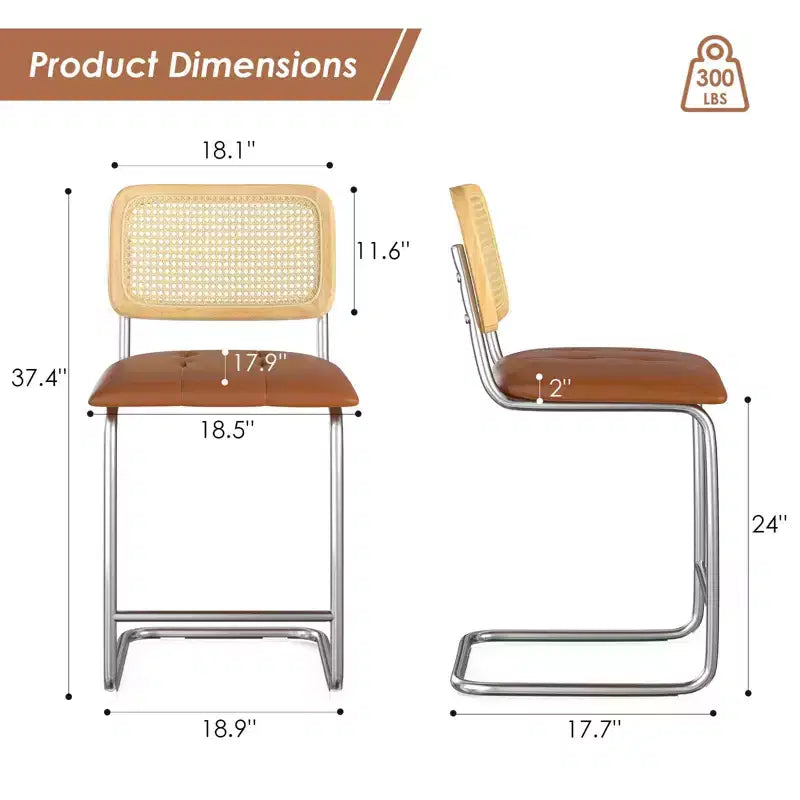 PexFix Set di 2 Sgabelli da Bar con Altezza per Bancone, Sgabelli in Ecopelle PU Imbottiti con Schienale in Rattan, Sgabelli da 24 Pollici Senza Braccioli per Isola Cucina, Marrone