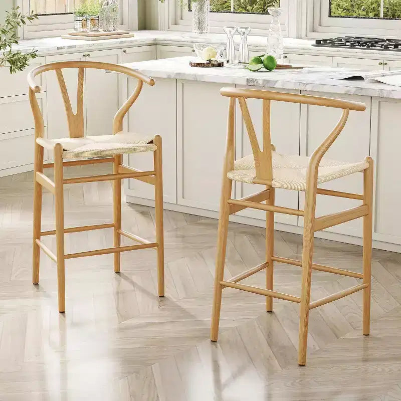 PexFix Sgabello Sedia da Bar Wishbone Completamente Assemblato Sgabello da Bancone con Intreccio per Isola Cucina Altezza Bancone Naturale