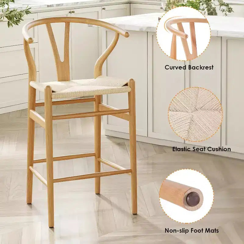 PexFix Sgabello Sedia da Bar Wishbone Completamente Assemblato Sgabello da Bancone con Intreccio per Isola Cucina Altezza Bancone Naturale