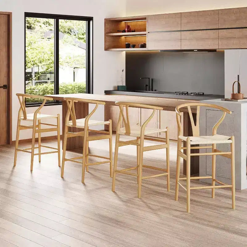 PexFix Sgabello Sedia da Bar Wishbone Completamente Assemblato Sgabello da Bancone con Intreccio per Isola Cucina Altezza Bancone Naturale