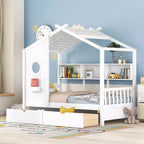 Wooden Twin House Bed with 2 Drawers and Storage Shelf for Kids, White