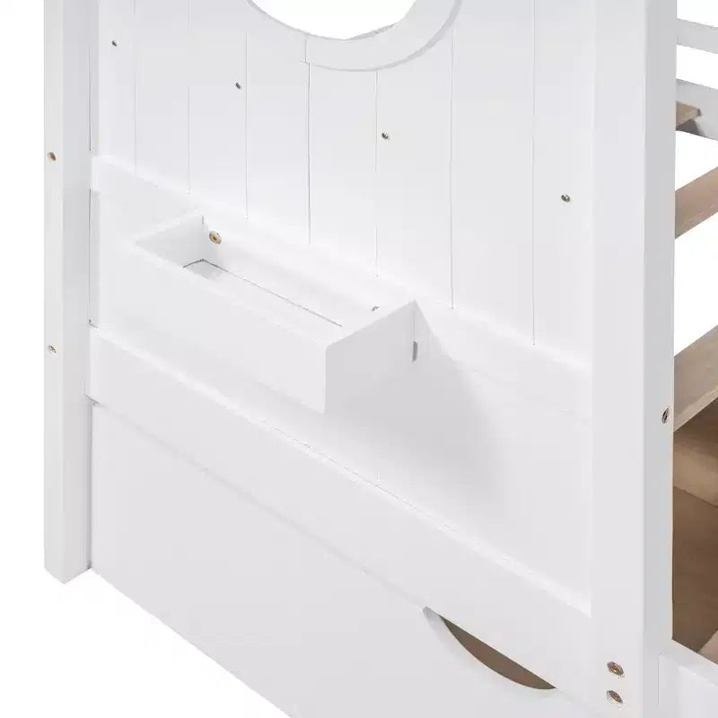 Letto a soppalco doppio in legno con 2 cassetti e ripiano portaoggetti per bambini, bianco