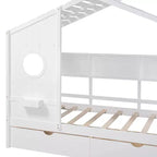 Letto a soppalco doppio in legno con 2 cassetti e ripiano portaoggetti per bambini, bianco