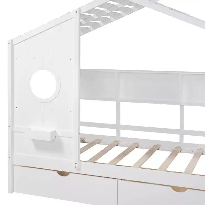 Letto a soppalco doppio in legno con 2 cassetti e ripiano portaoggetti per bambini, bianco