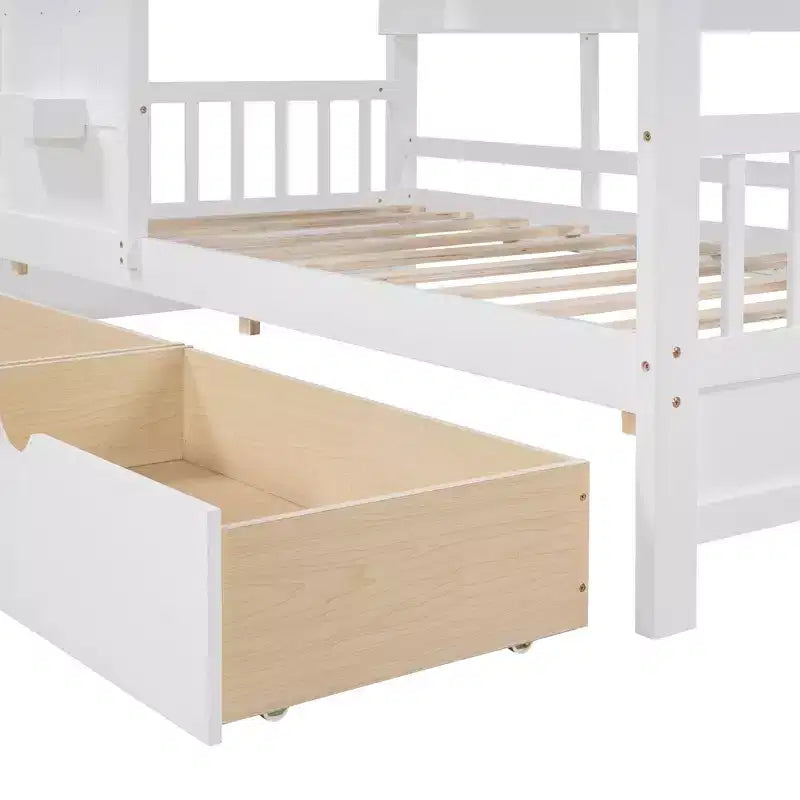 Letto a soppalco doppio in legno con 2 cassetti e ripiano portaoggetti per bambini, bianco