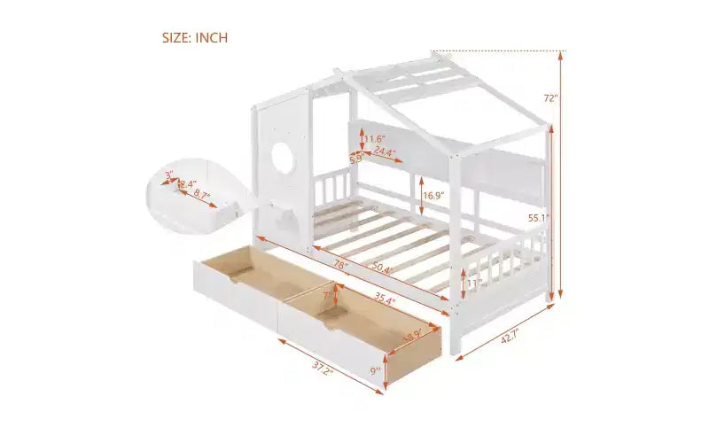 Letto a soppalco doppio in legno con 2 cassetti e ripiano portaoggetti per bambini, bianco