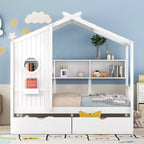 Letto a soppalco doppio in legno con 2 cassetti e ripiano portaoggetti per bambini, bianco