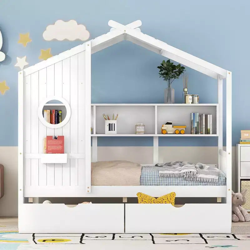 Letto a soppalco doppio in legno con 2 cassetti e ripiano portaoggetti per bambini, bianco