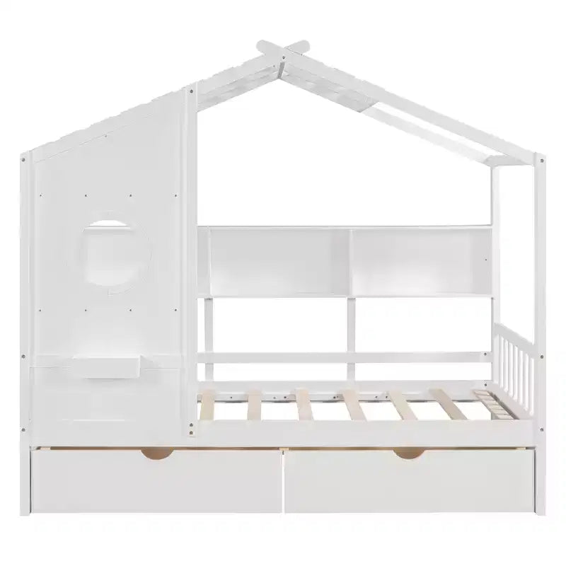 Letto a soppalco doppio in legno con 2 cassetti e ripiano portaoggetti per bambini, bianco