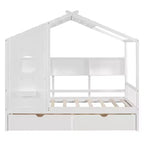 Letto a soppalco doppio in legno con 2 cassetti e ripiano portaoggetti per bambini, bianco
