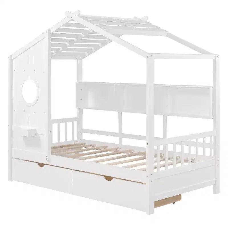 Letto a soppalco doppio in legno con 2 cassetti e ripiano portaoggetti per bambini, bianco